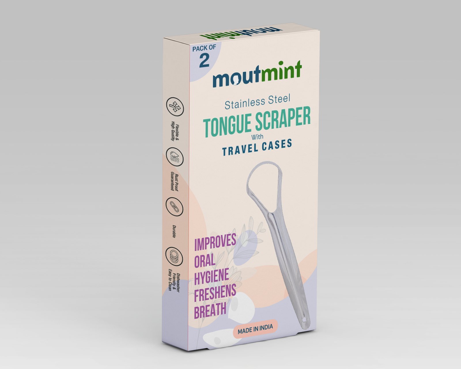 Mountmint Stainless Steel Tongue Scraper with Travel Cases packaging, pack of 2