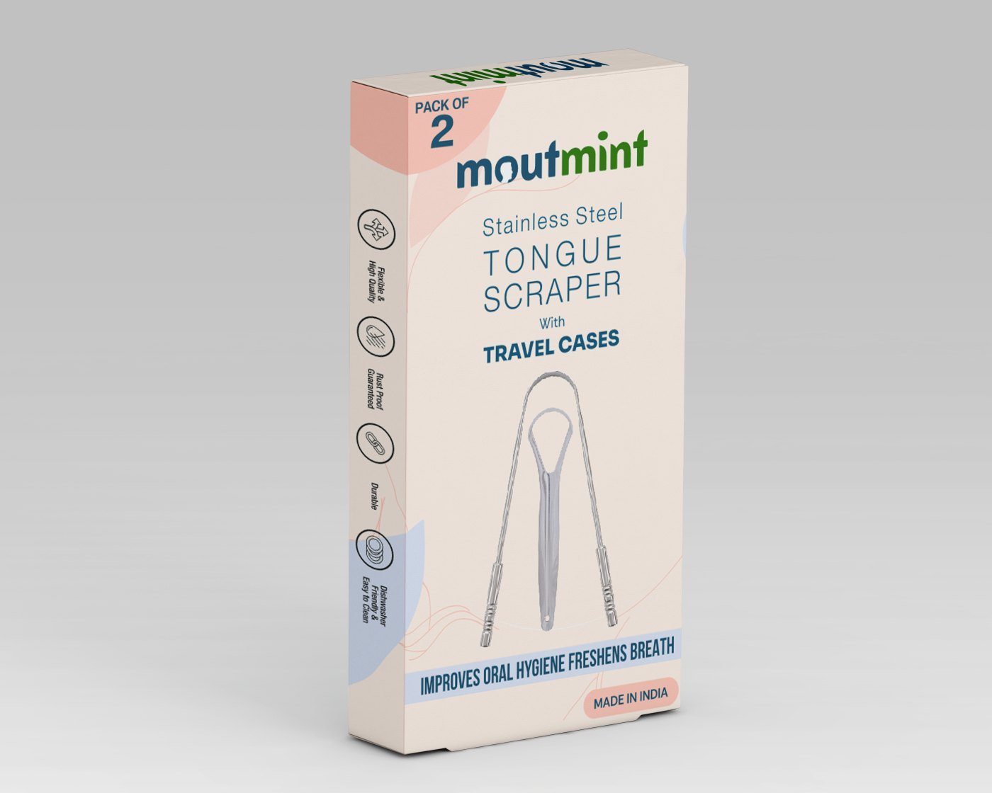 Angled view of the Mountmint tongue scraper box with travel-case packaging